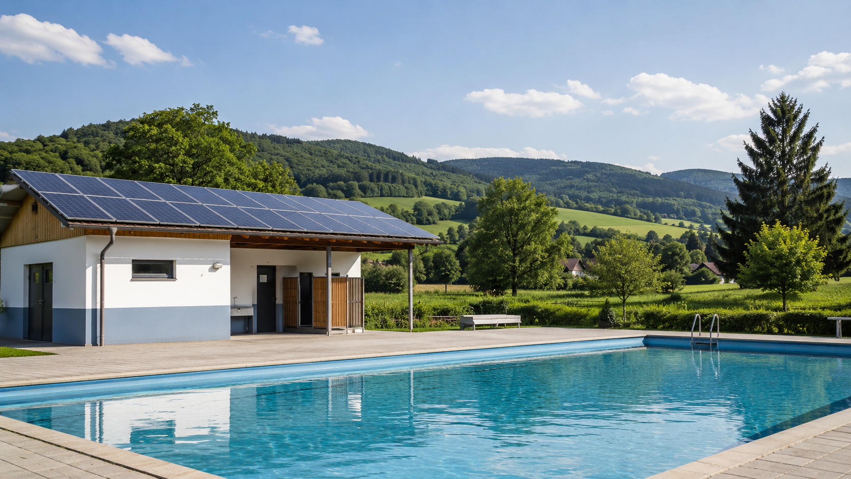 Kleines Freibad mit Photovoltaikmodulen auf einem Gebäude neben dem Becken, im Hintergrund Bäume und Hügel.