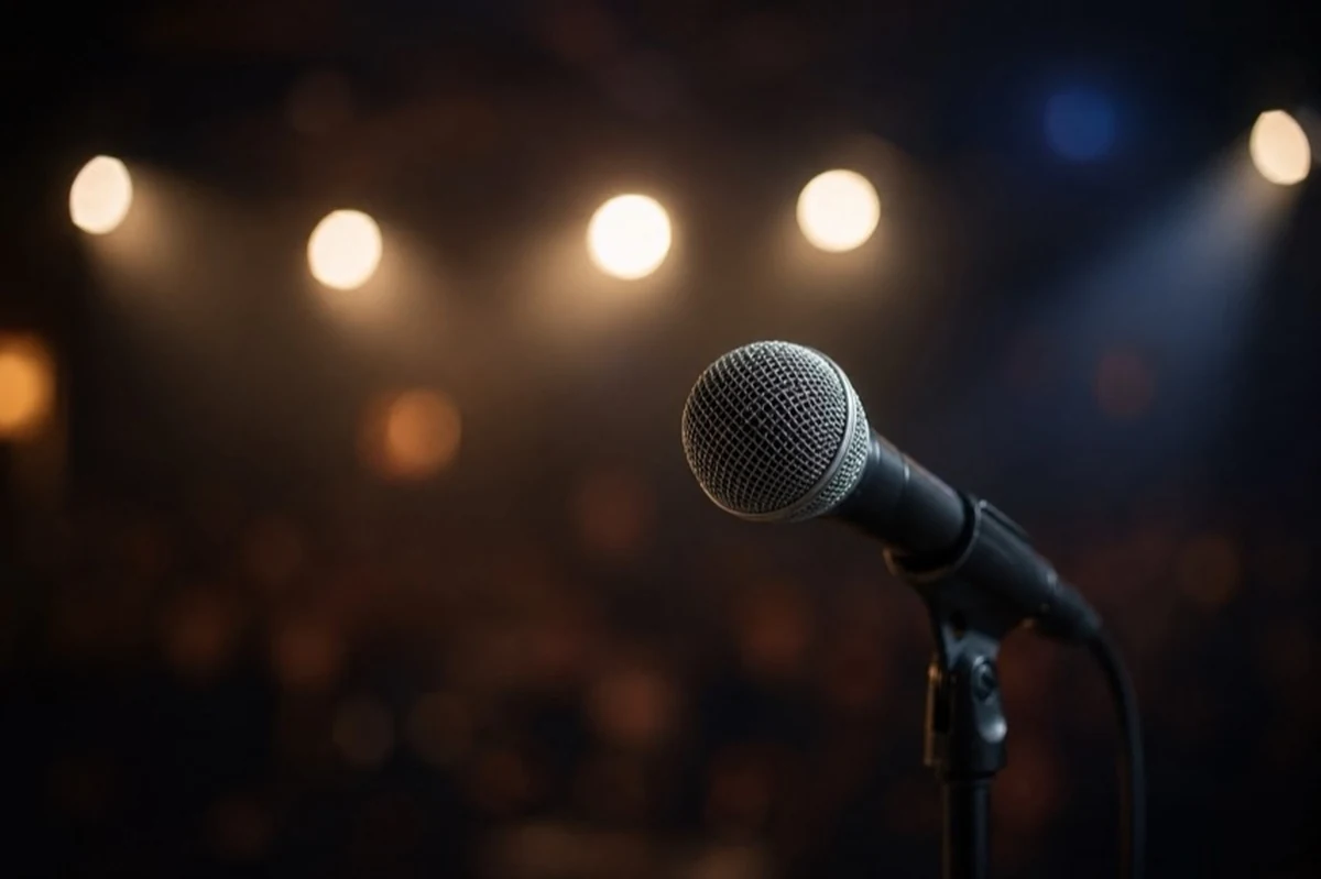 Leere Bühne mit Mikrofon und Stuhlreihen für politische Comedy und die Fun-Facts-Aufzeichnung in Quedlinburg