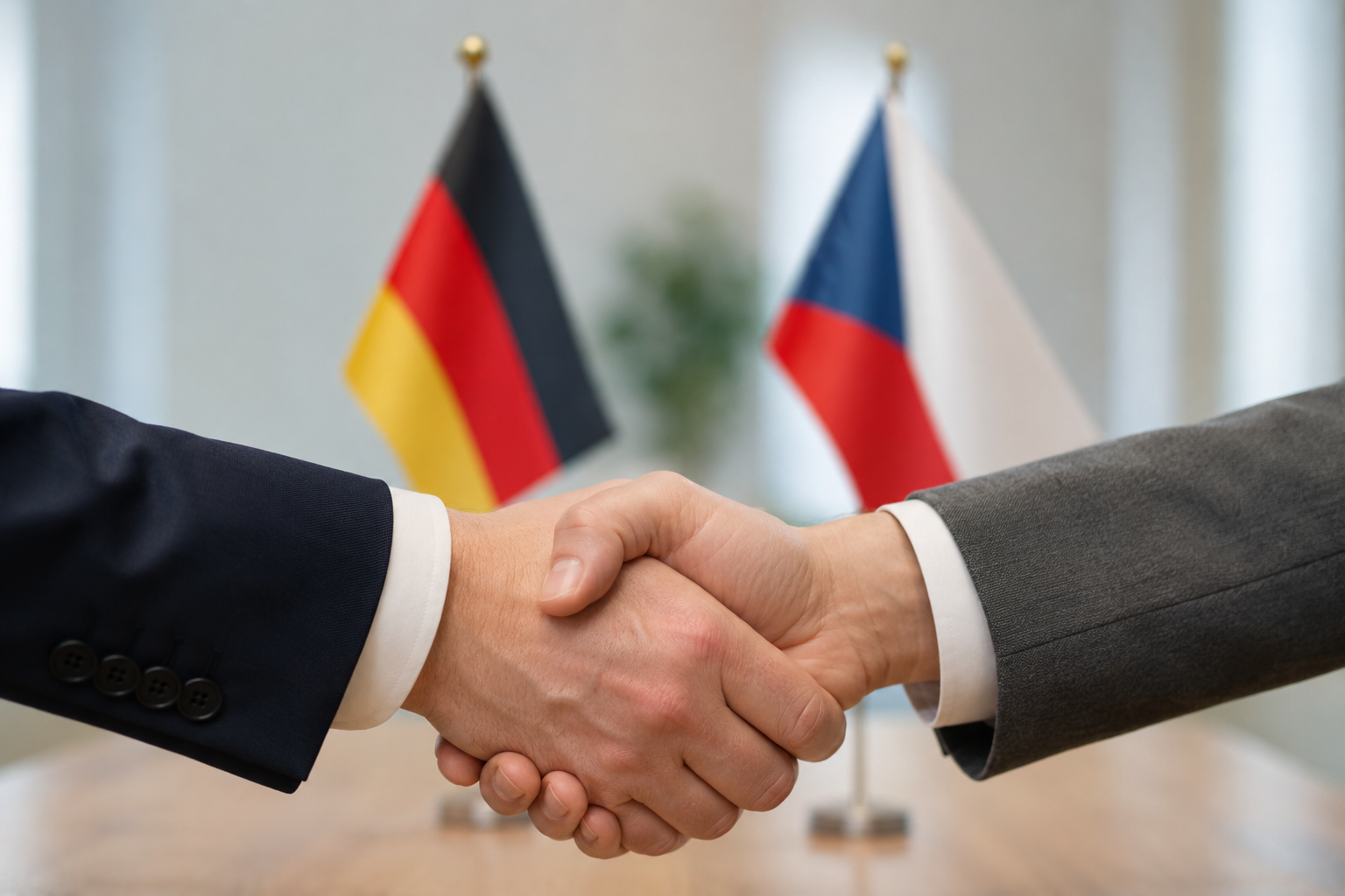 Deutsche und tschechische Tischflagge neben Dokument und Stiften zur Städtepartnerschaft Goslar-Beroun