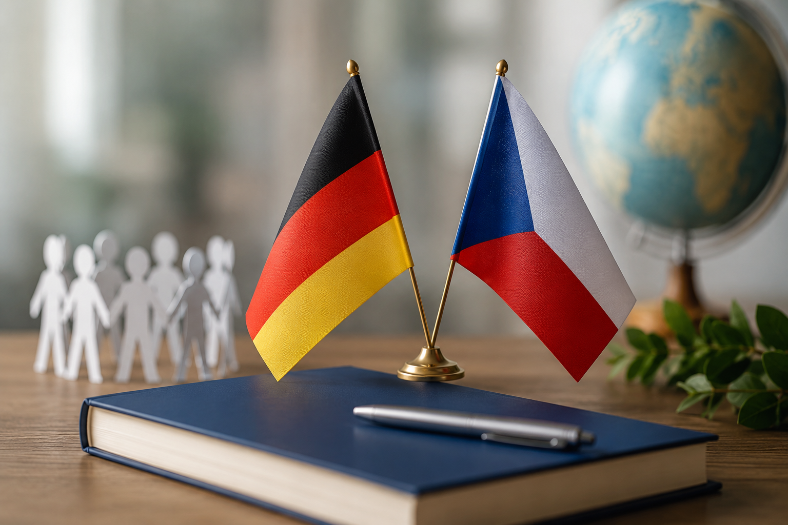 Deutsche und tschechische Tischflagge neben Dokument und Pflanzen zur Städtepartnerschaft Goslar-Beroun im Harz