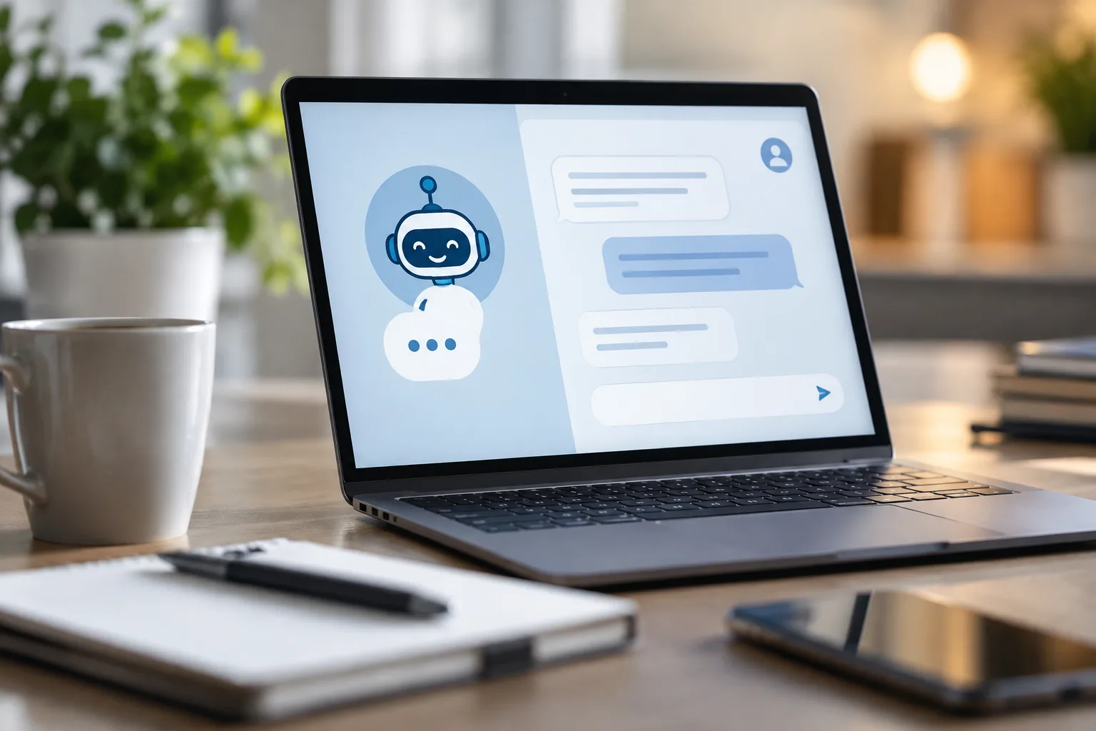Laptop mit fiktiver KI-Chatbot-Oberfläche auf einem Schreibtisch, daneben Smartphone und Notizblock.