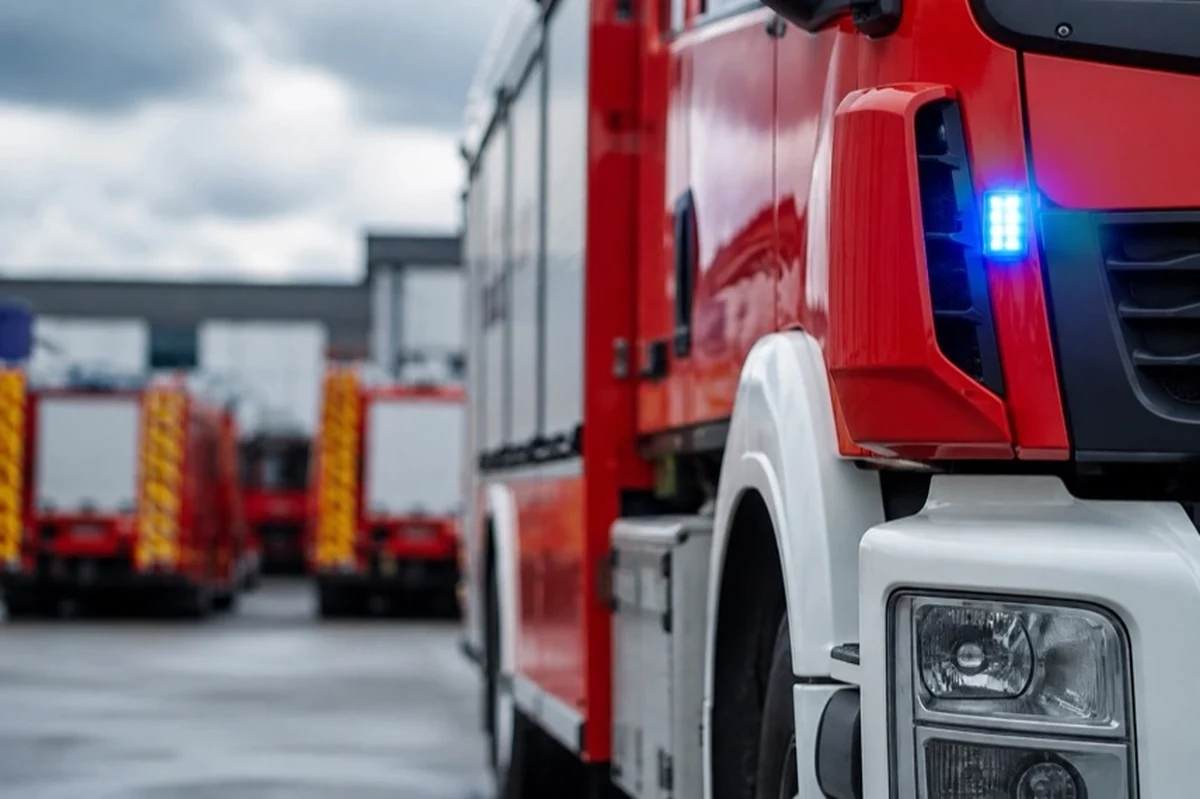 Generisches Feuerwehrfahrzeug auf einer Industriezufahrt als Symbol für einen Lagerhallenbrand und Feuerwehreinsatz in Goslar