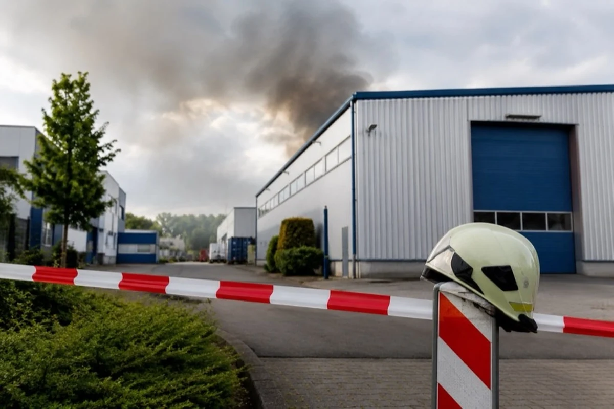 Symbolische Darstellung eines Gewerbegebiets mit Lagerhalle, Absperrbake, Feuerwehrhelm und leichtem Rauch am Himmel.