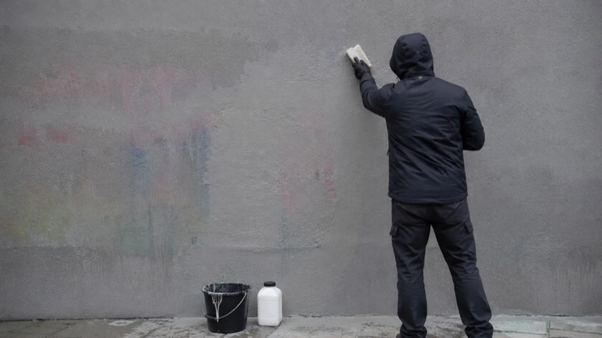 Anonyme Person entfernt Farbspuren von grauer Wand nach verfassungswidrigen Graffitis