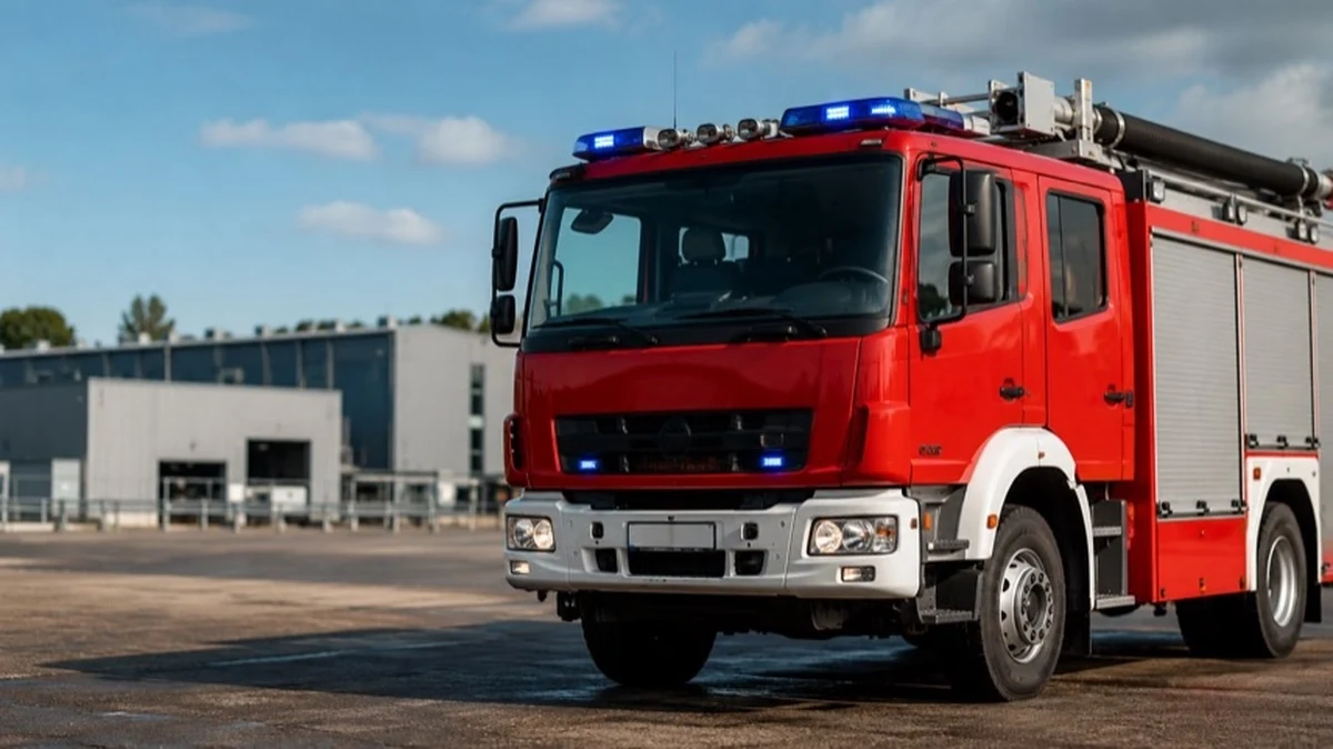 Generisches Feuerwehrfahrzeug vor anonymen Industriehallen als Symbol für Großbrand und Feuerwehreinsatz in einem Gewerbegebiet.