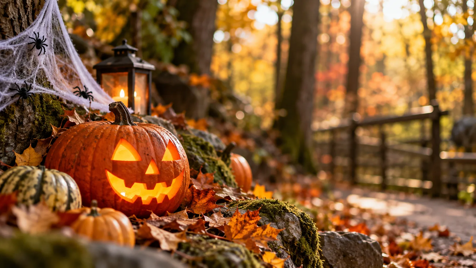 Herbstlicher Waldweg mit Halloween-Kürbissen, buntem Laub und Dekorationen zwischen Bäumen.