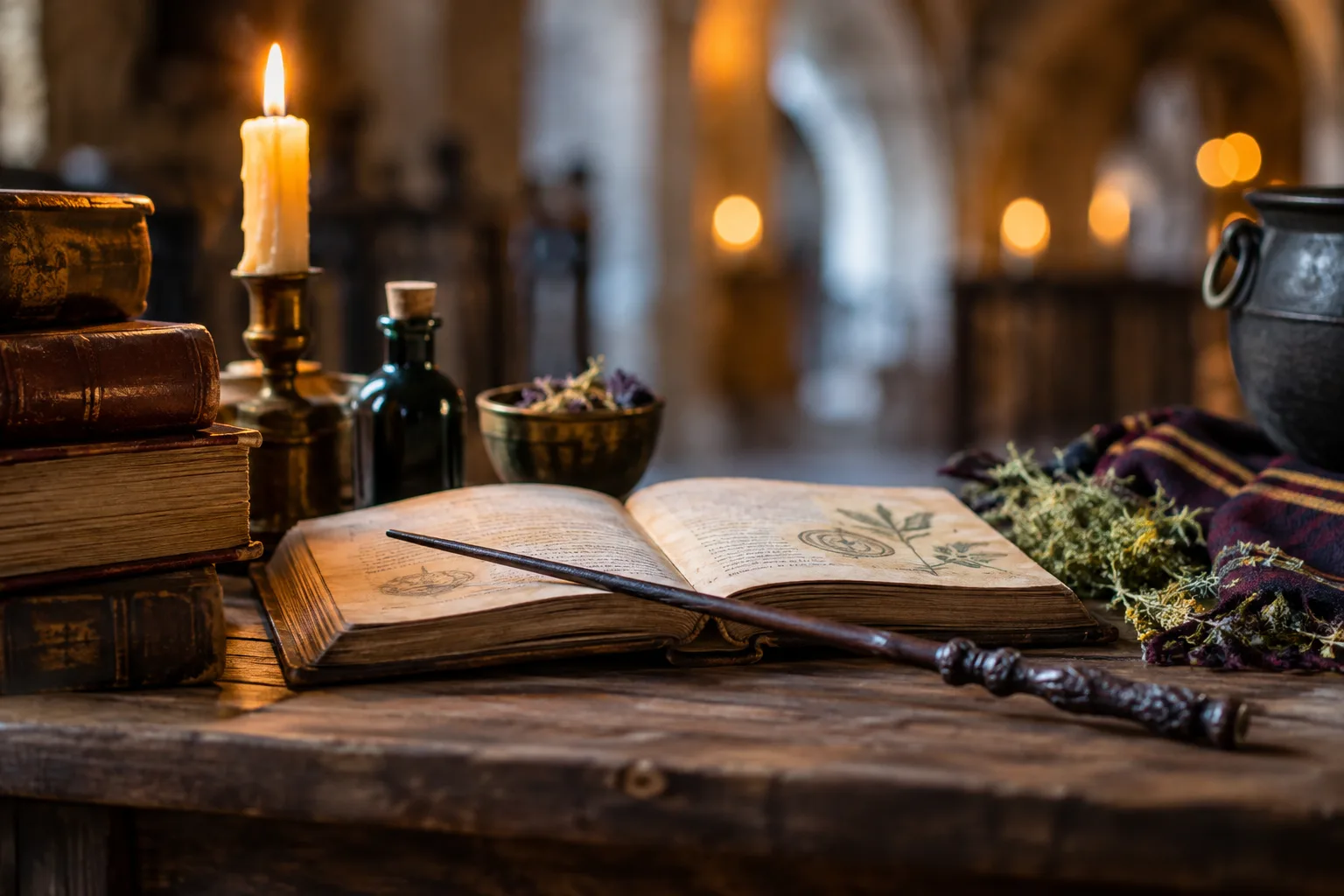Altes aufgeschlagenes Buch mit Zauberstab und Kräutern auf einem Holztisch vor historischen Steinbögen.