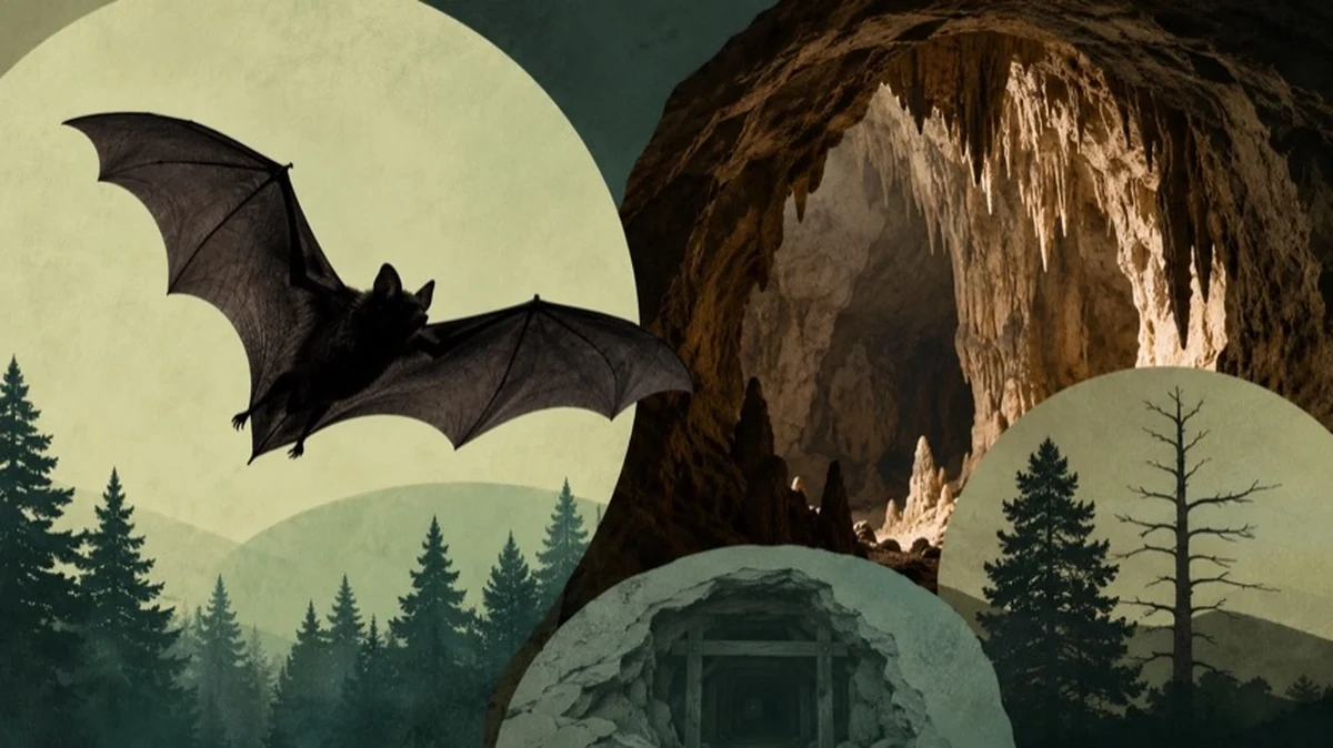 Abstrahierte Fledermaus über stilisierten Höhlen- und Waldstrukturen als Symbol für Fledermäuse im Harz und ihre Winterquartiere.