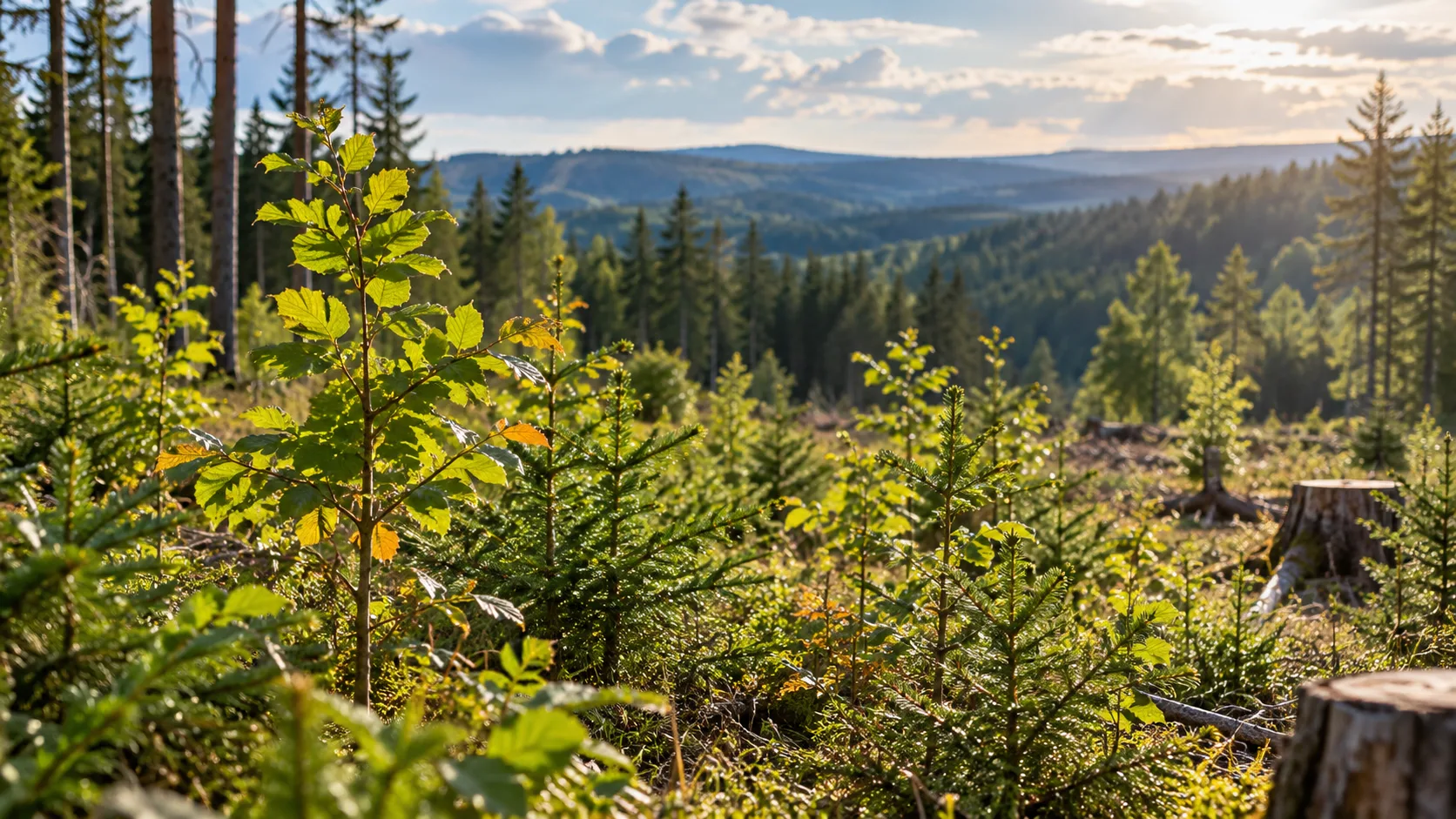 Junge Laubbäume und Nadelbäume in einem nachwachsenden Mischwald mit dichter Bodenvegetation.