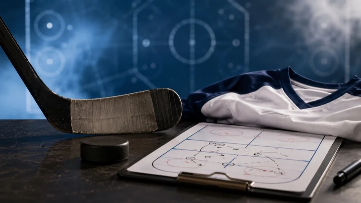 Anonymer Eishockeyschläger, Puck und neutrales Trikot als Symbol für die Kaderplanung der Harzer Falken in der Regionalliga.