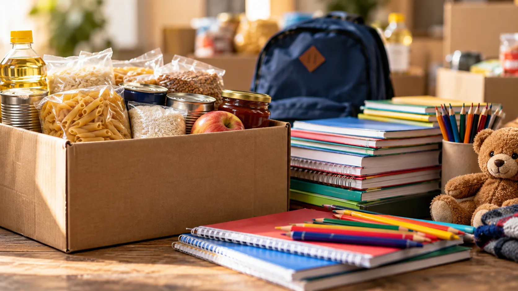 Kartons mit Lebensmitteln, Schulheften und Buntstiften auf einem Holztisch als Hilfsgüter für Kinder.