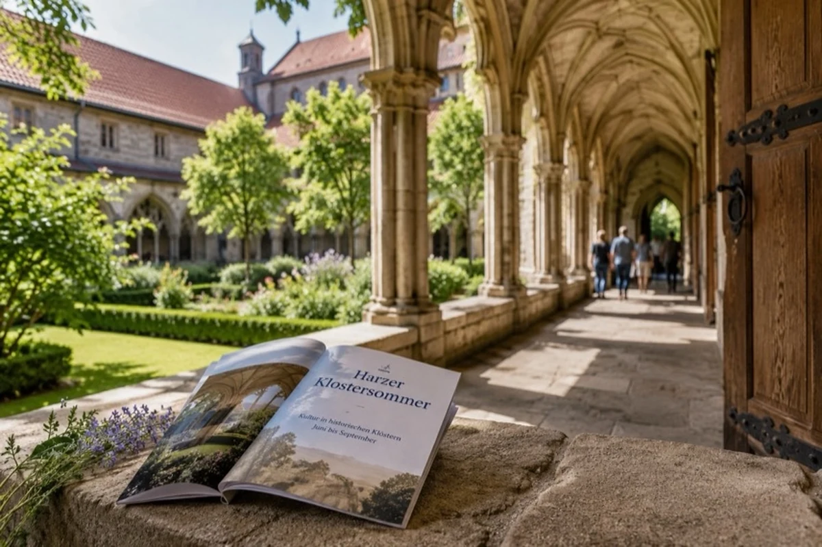 Historischer Kreuzgang mit Klostergarten, Steinbögen und einem Programmheft auf einer Steinbank im sommerlichen Licht.