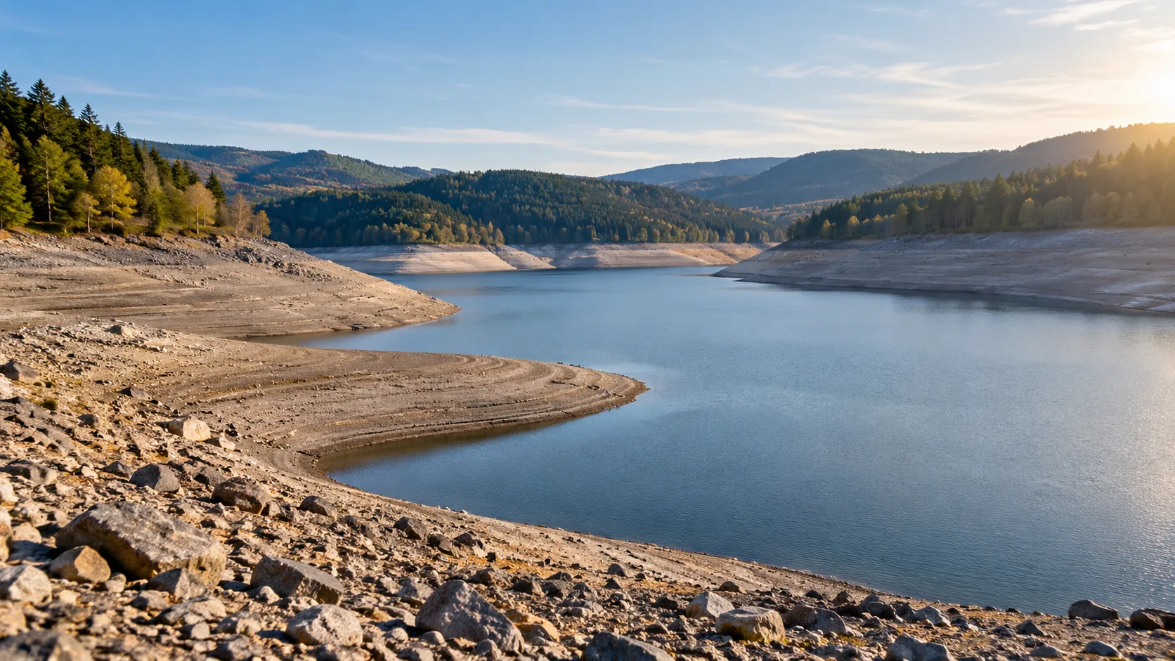 Stausee mit niedrigem Wasserstand, breiten trockenen Uferflächen und bewaldeten Hügeln im Hintergrund.