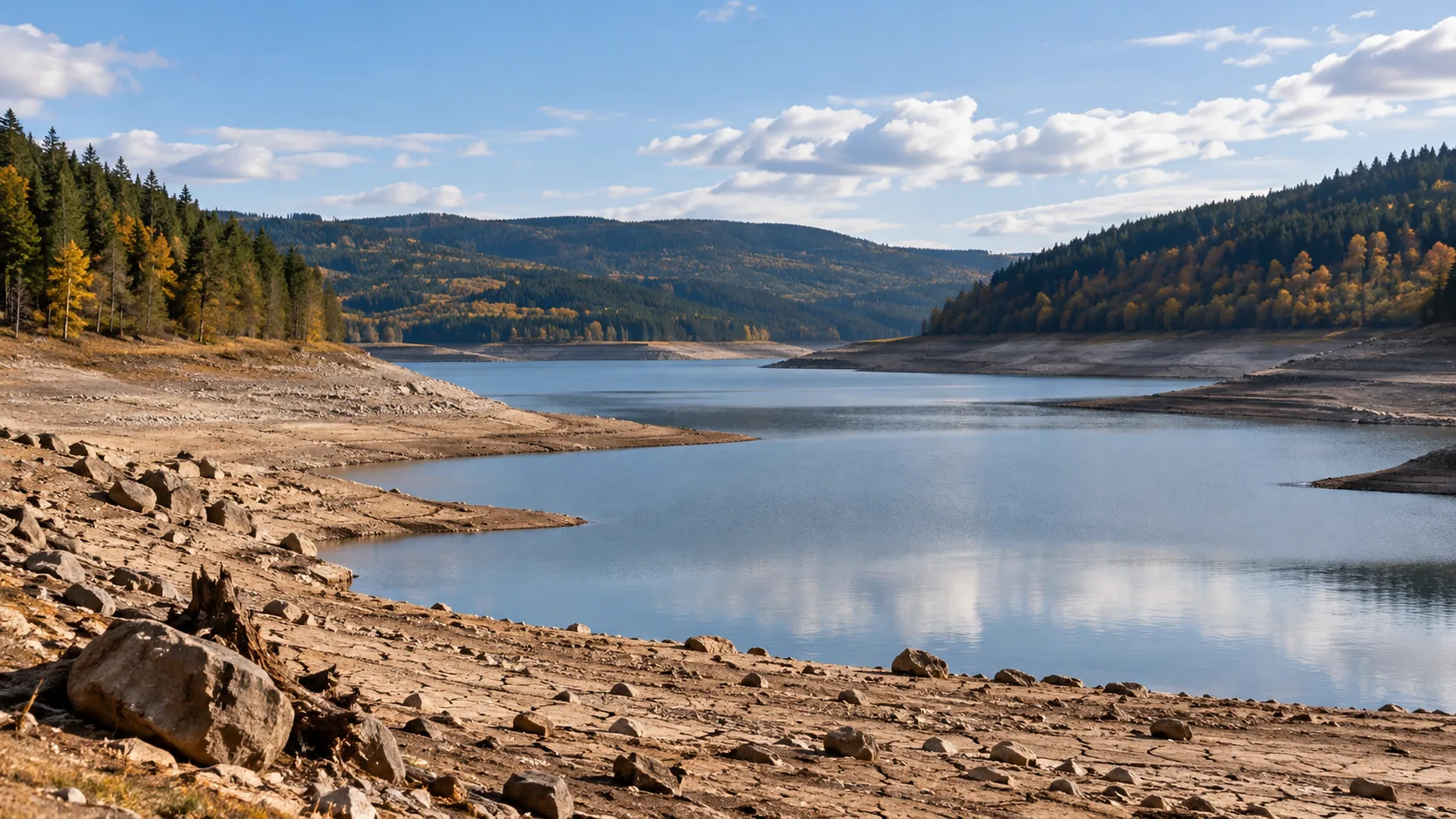 Stausee mit niedrigem Wasserstand, freiliegenden Uferflächen und bewaldeten Hügeln in einer Mittelgebirgslandschaft.