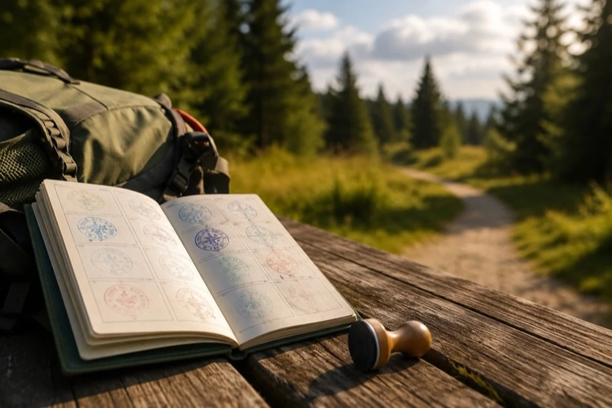 Geöffneter Wanderpass auf einer Holzbank an einem Waldweg als Motiv für Harzer Wandernadel und Wanderkaiser
