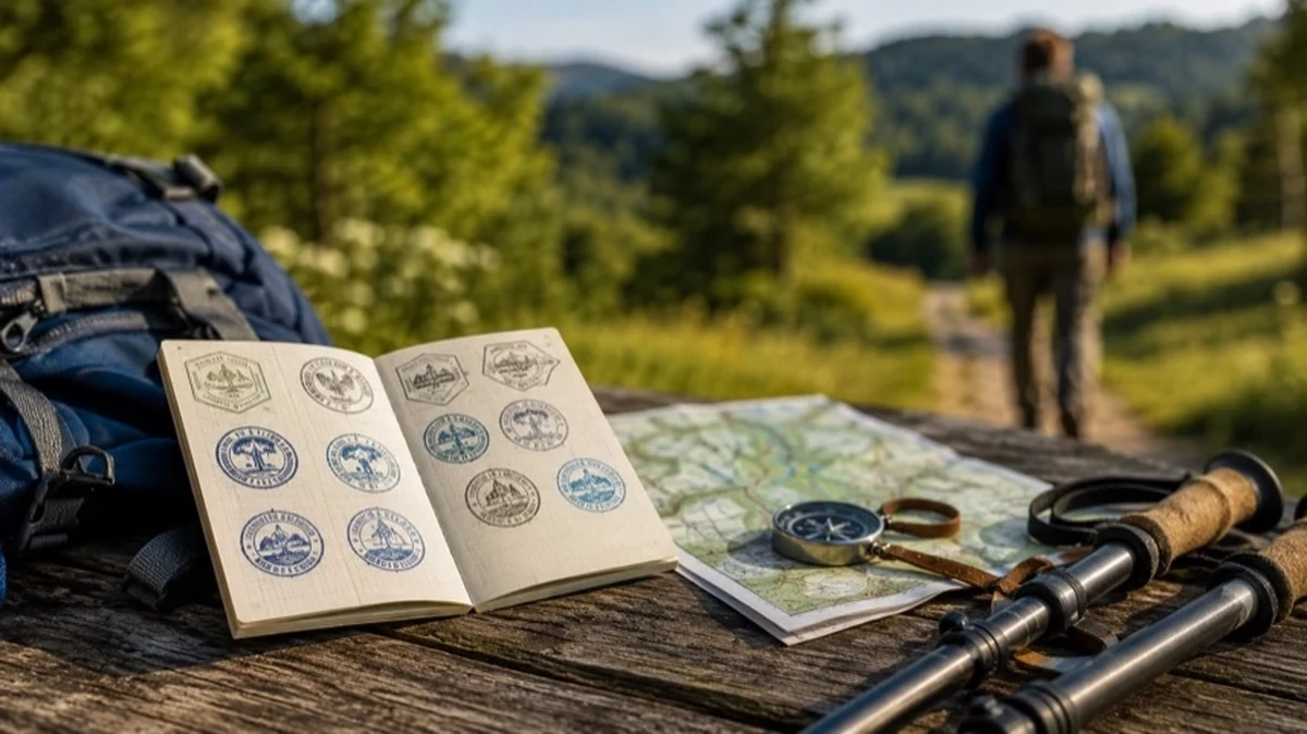 Wanderpass der Harzer Wandernadel mit Stempeln auf einer Bank neben Wanderkarte und Ausrüstung im Harz