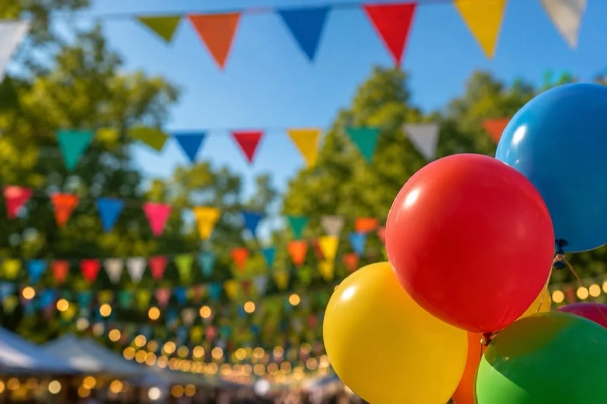 Sommerlicher Festbereich mit Wimpeln, Marktständen und Bühne als Motiv für das Harzfest 2026 in Hasselfelde