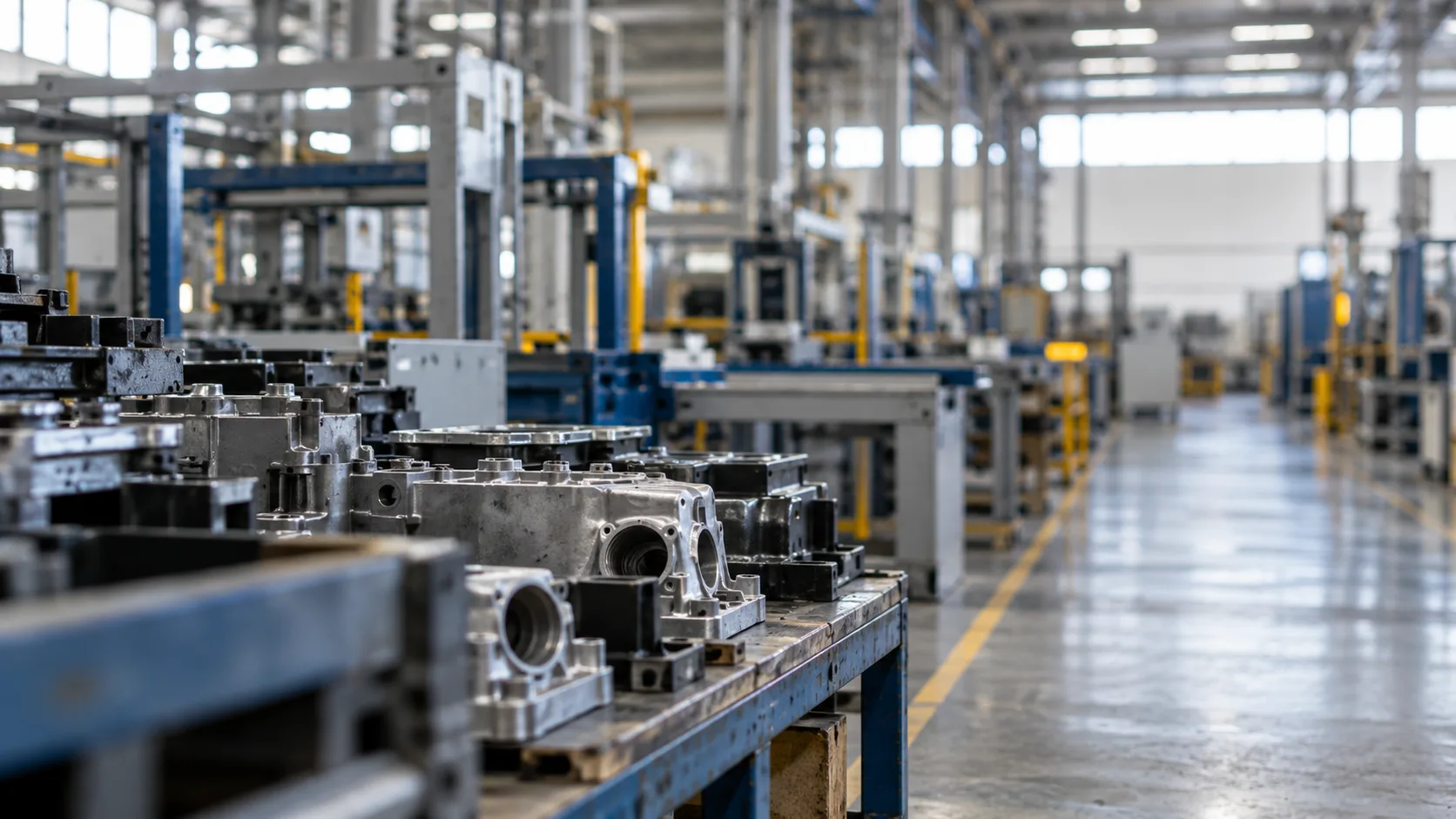 Leere Industriehalle mit stillstehenden Produktionsanlagen, Metallbauteilen und Werkbänken in einem Industriebetrieb.