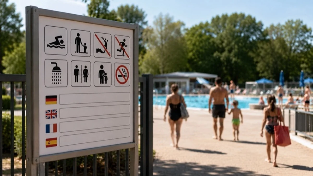 Informationstafel mit mehrsprachigen Baderegeln und Piktogrammen am Eingang eines generischen Freibads