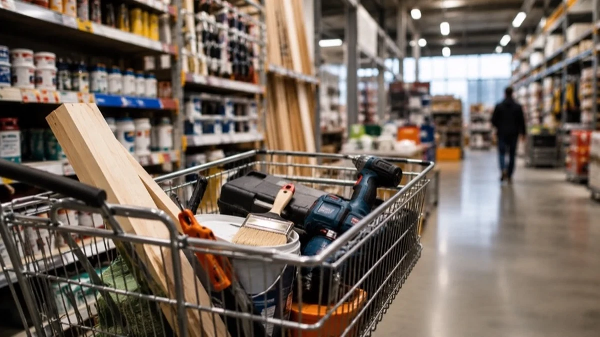 Baumarkt mit Regalen, Einkaufswagen und Heimwerkerprodukten als Symbol für Hellweg, Baumarktbranche und Sanierung