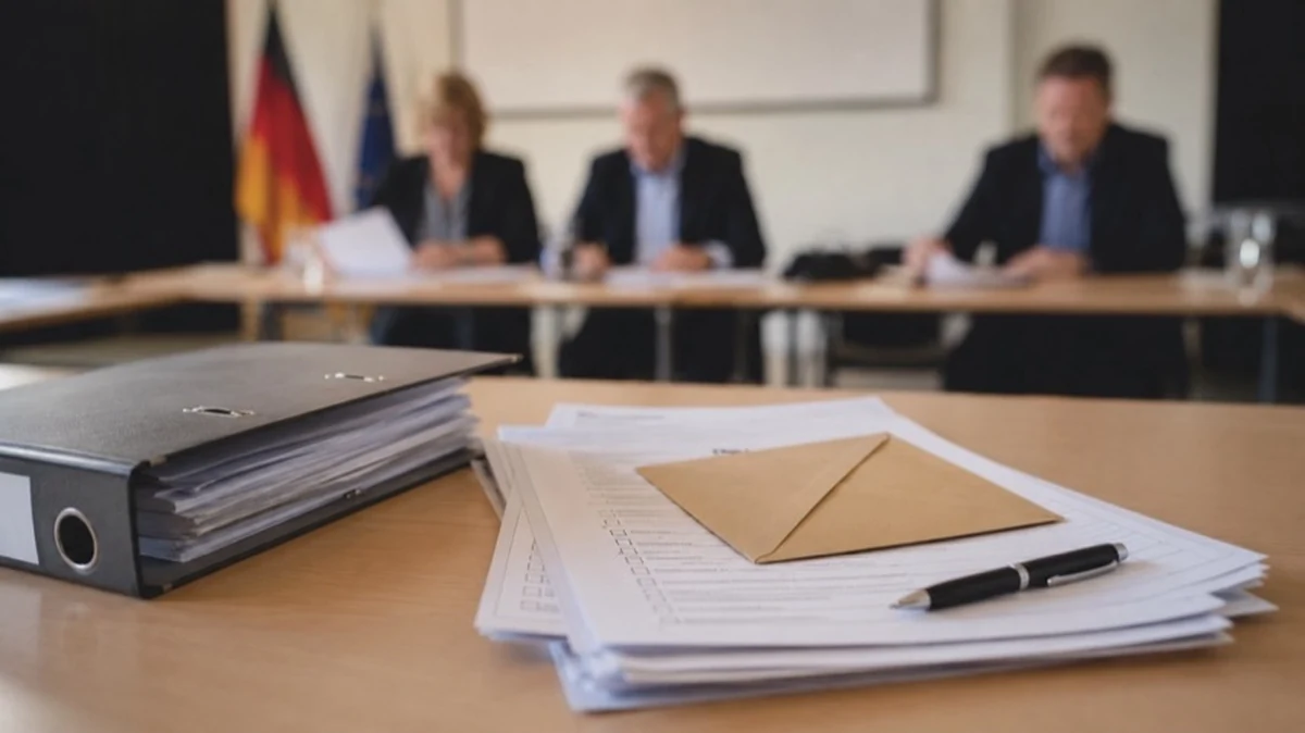 Wahlunterlagen und Akten auf einem Sitzungstisch als Symbol für Wahlausschuss, Bürgermeisterwahl und Wahlprüfung in Niedersachsen.