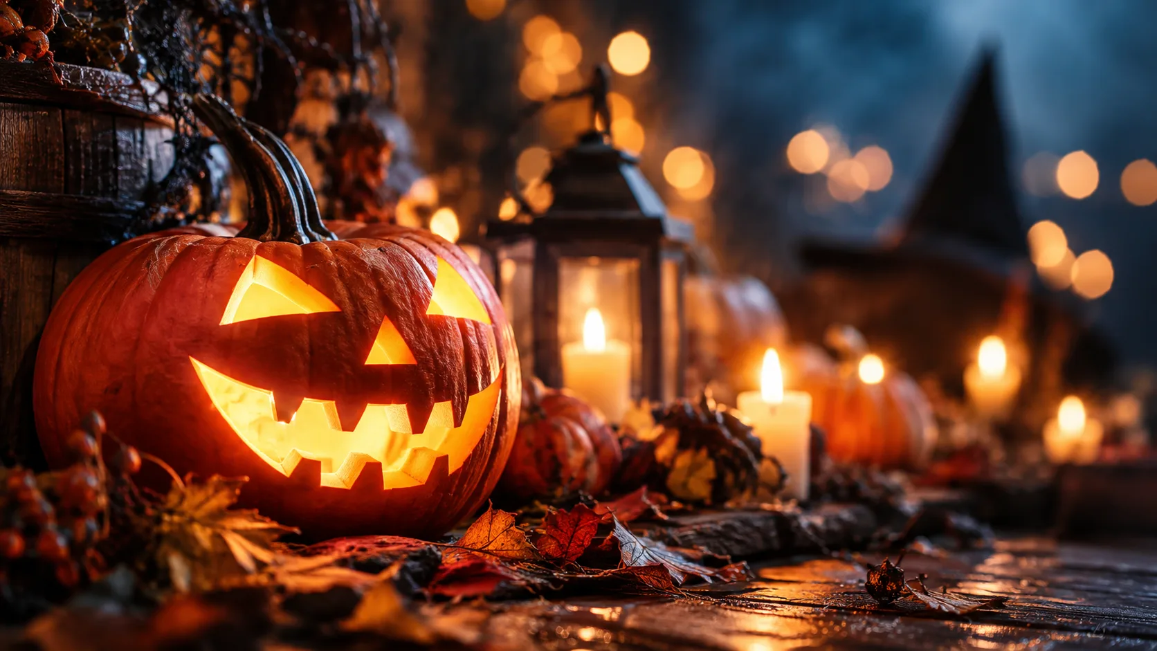 Halloween-Kürbis mit herbstlichen Blättern vor dunklem Hintergrund und warmen Lichtern.