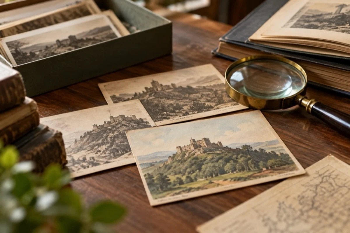 Historische Ansichtskarten mit Burgmotiven liegen neben einer Archivmappe und einer Lupe auf einem Tisch.