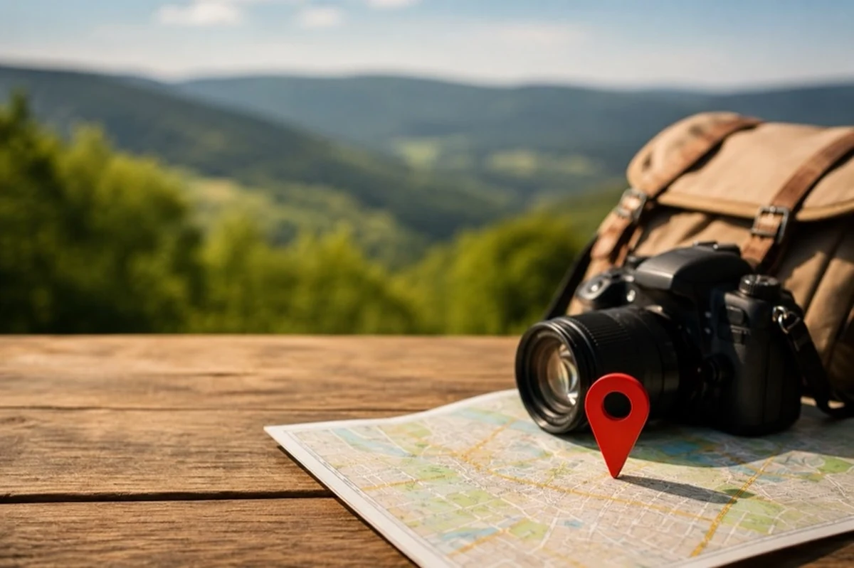 Person mit Stadtplan auf historischem Platz als Motiv für eine Stadtführung durch Halberstadt im Harz