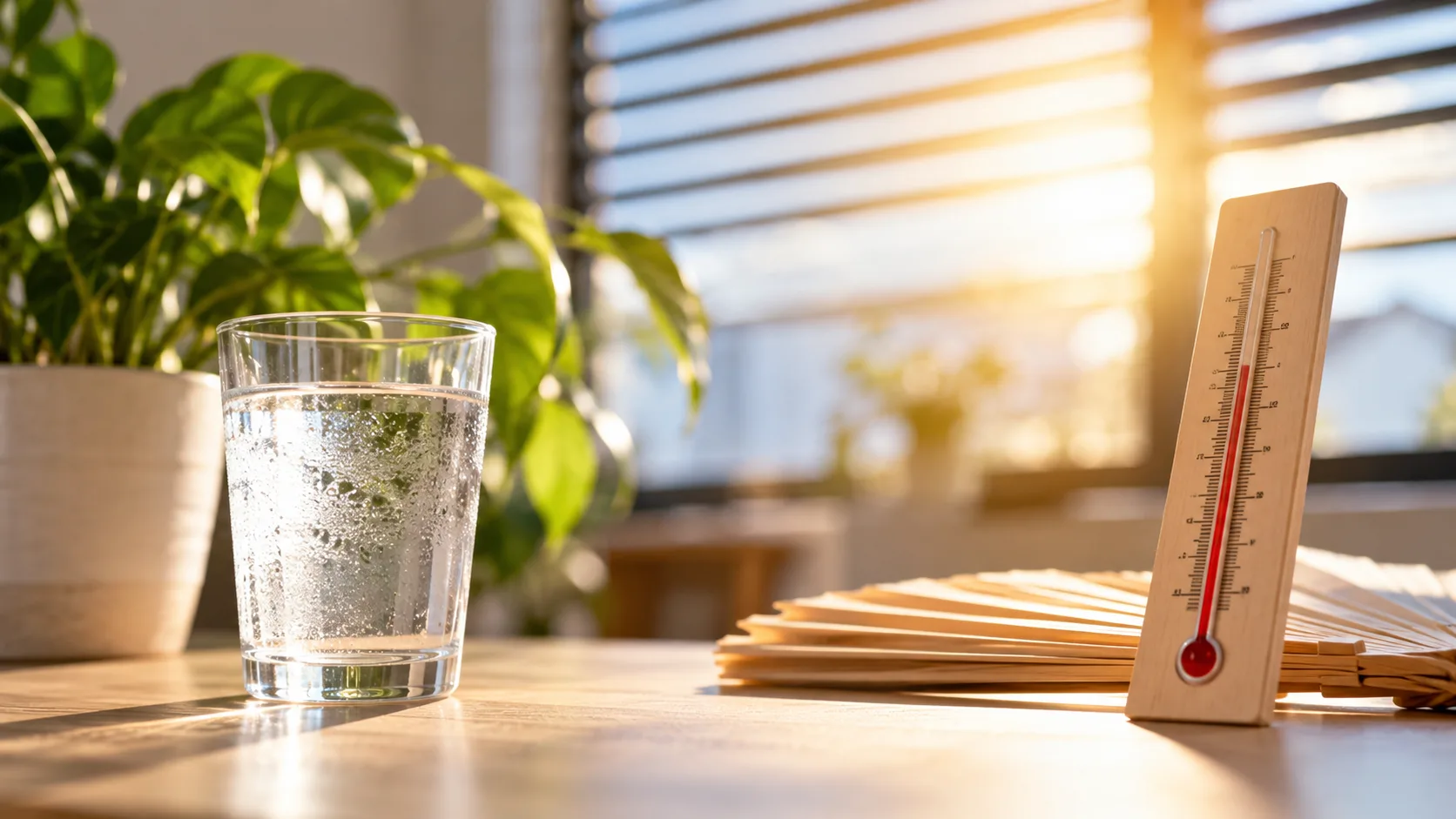 Sonnenlicht am Fenster mit Sonnenschutz, Wasserglas und Thermometer als Maßnahmen zum Hitzeschutz in Innenräumen.