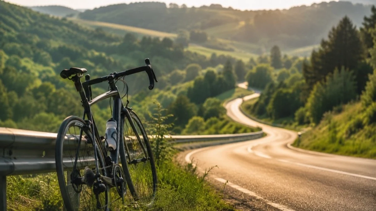 Rennrad an einer hügeligen Landstraße mit Streckenanzeige, Symbol für Triathlon und Radstrecke im Harz