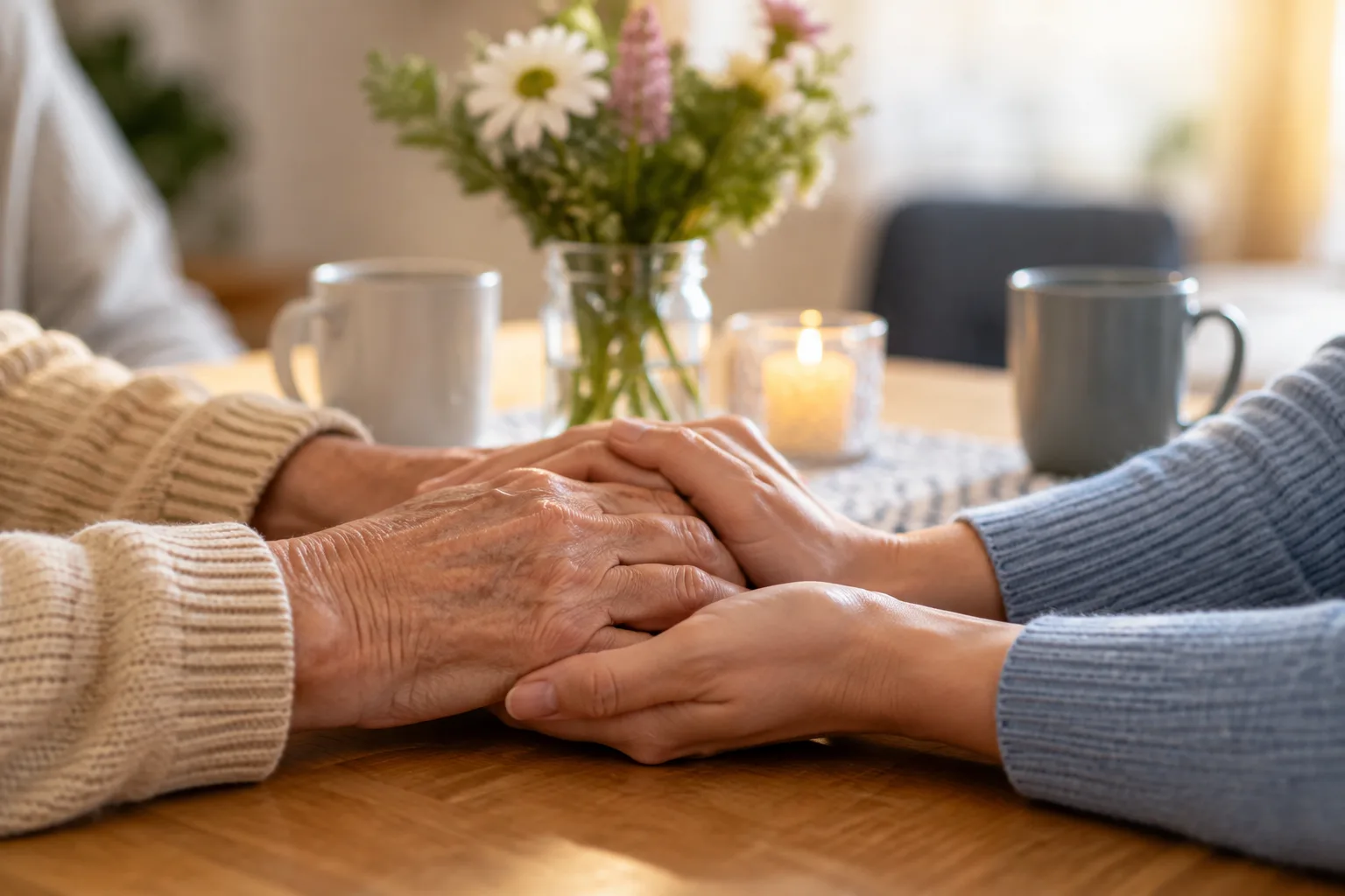 Zwei Personen sitzen an einem Tisch mit Tassen und Blumen, ihre Hände ruhen einander zugewandt auf der Tischplatte.