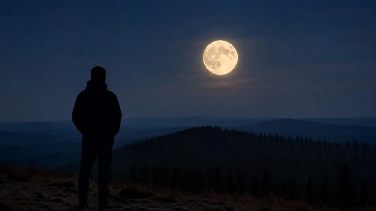 Heller Juni-Vollmond über dunklen Baumkronen im Harz mit anonymer Person an einem Aussichtspunkt