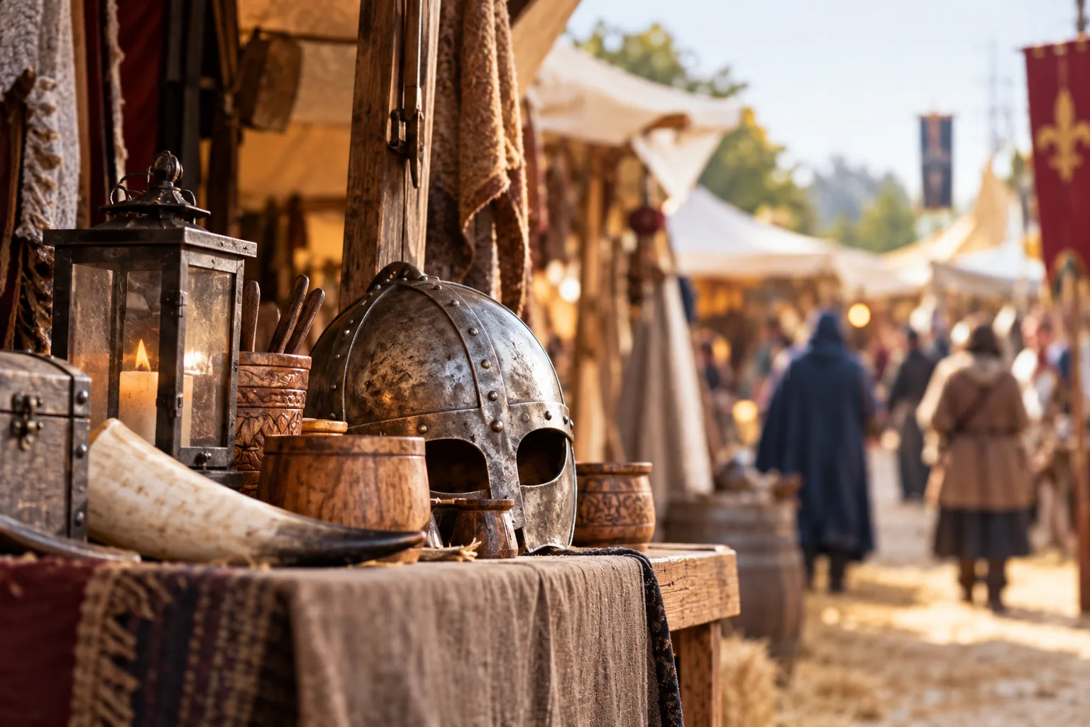 Mittelalterlicher Markt mit Holzständen und Handwerkswaren als Motiv zum Kaisermarkt in Goslar im Harz
