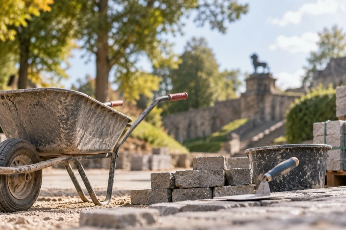 Gepflasterter Weg mit Bäumen, Steintreppe und Baustellenabsperrung als Motiv für die Sanierung historischer Freiflächen