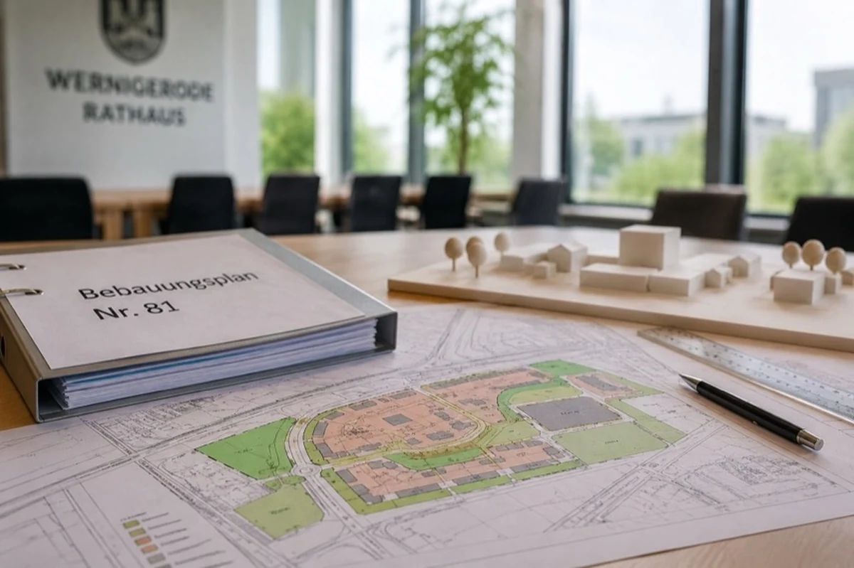Bebauungspläne, Stadtplan und Architekturmodell auf einem Konferenztisch in einem modernen Verwaltungsgebäude.