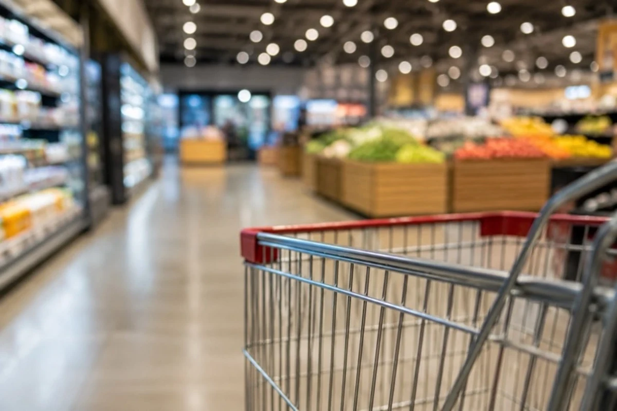 Moderner Supermarkt mit Einkaufswagen, Verkaufsregalen und abgegrenztem Bereich während eines Umbaus im Harz