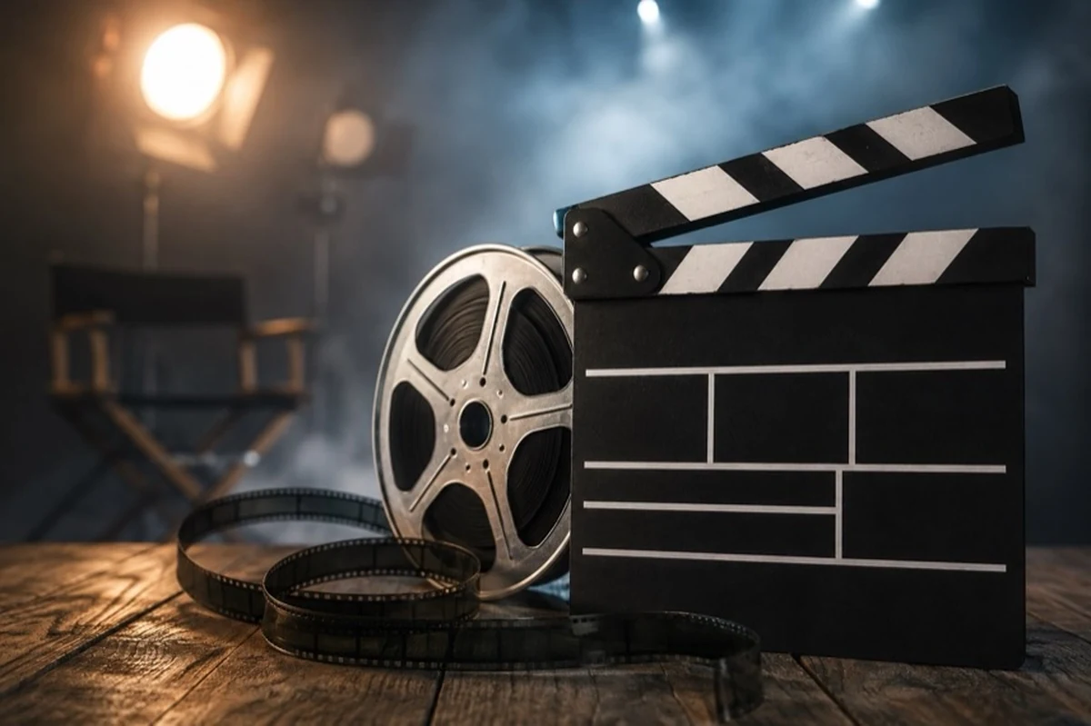 Filmklappe und Kamera auf Kopfsteinpflaster als Motiv für Dreharbeiten zum Kinderfilm in der Goslarer Altstadt