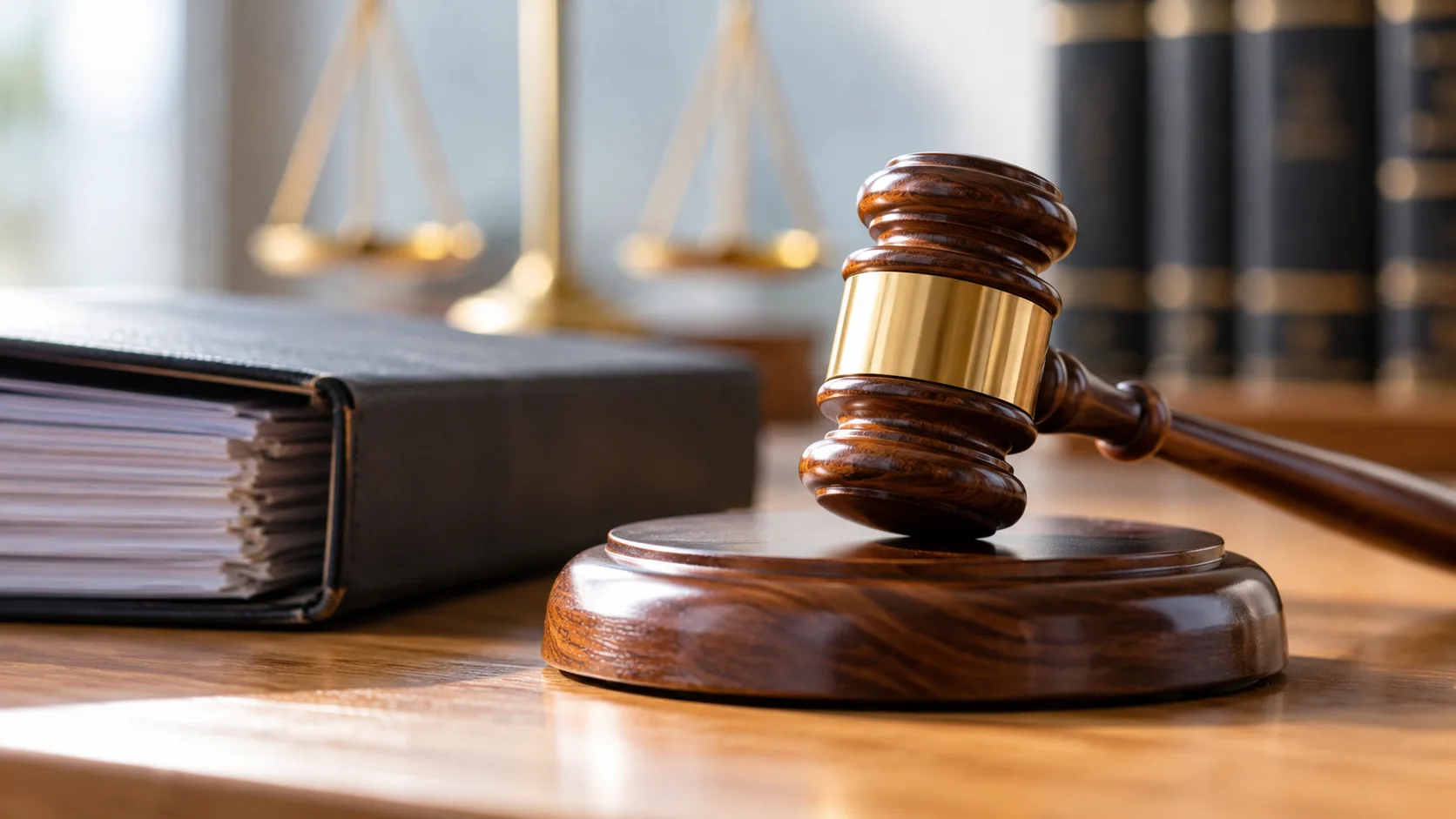 Richterhammer neben geschlossenem Aktenordner und Gesetzesbüchern als Justizmotiv zum Hafturteil im Fall Goslar.