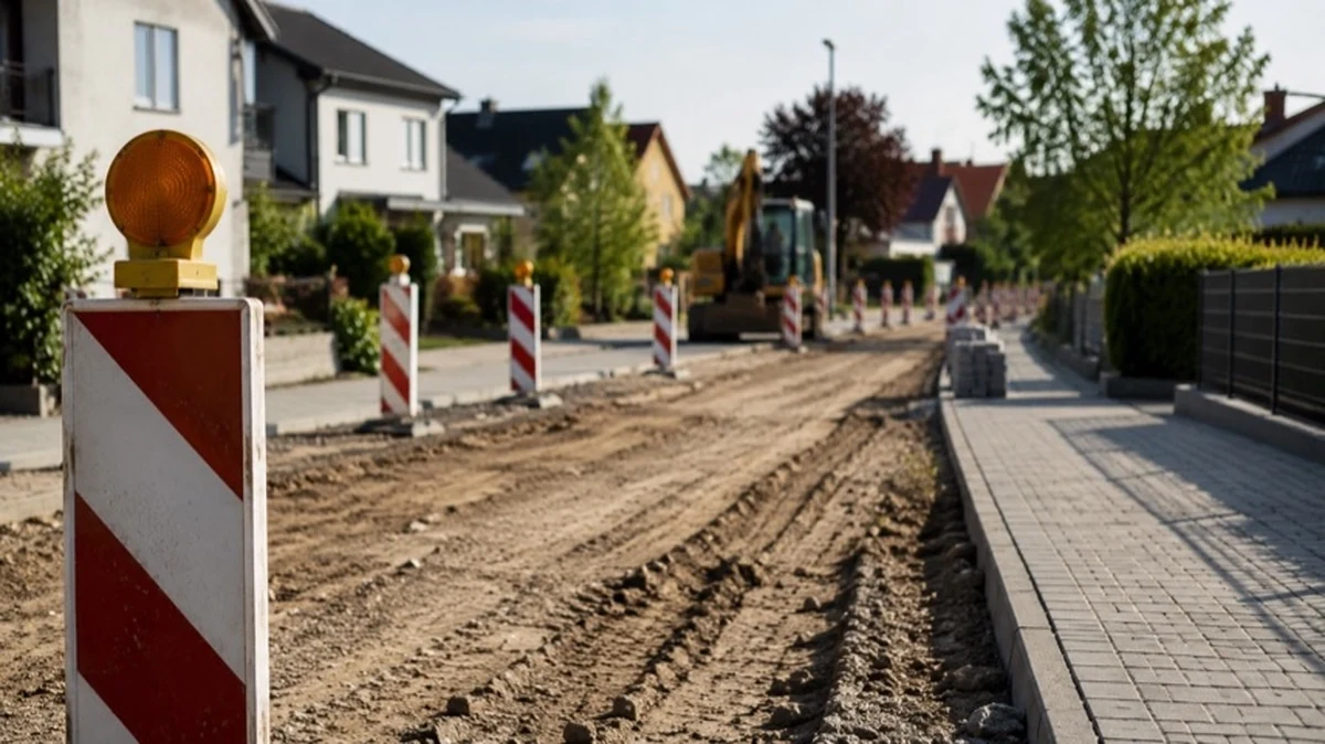 Wohnstraße mit unbefestigtem Straßenabschnitt, Baustellenbaken und Gehweg als Symbol für den Straßenausbau der Kirschallee in Ballenstedt.