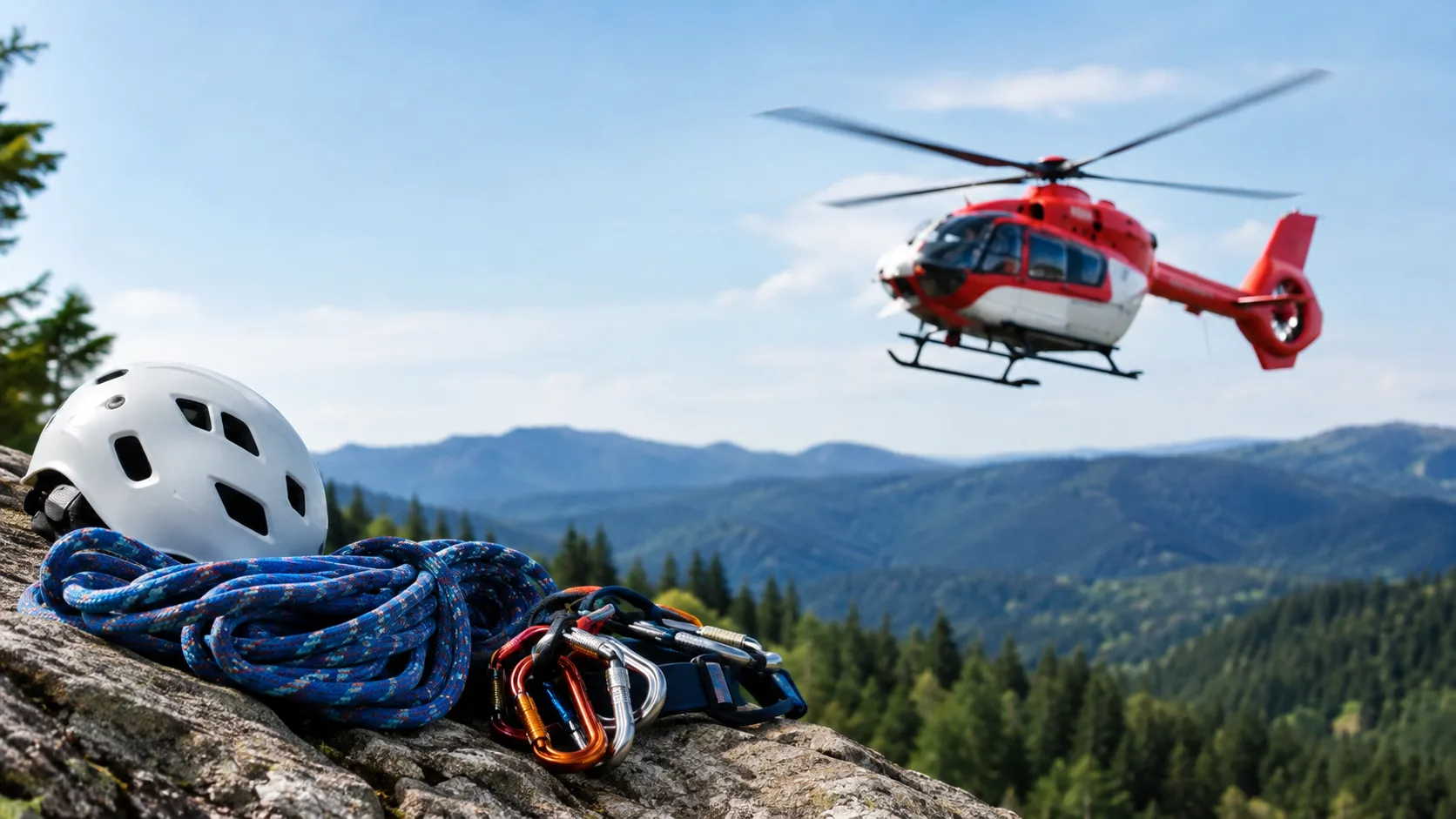 Weißer Kletterhelm, Kletterseil und Karabiner vor bewaldeter Berglandschaft mit Rettungshubschrauber.