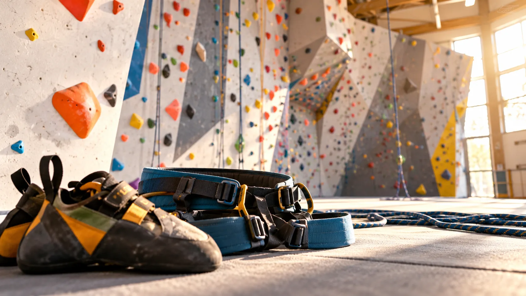 Indoor-Kletterwand mit bunten Griffen, Kletterseilen, Klettergurt und Kletterschuhen als Motiv für das Kletterzentrum Wernigerode.