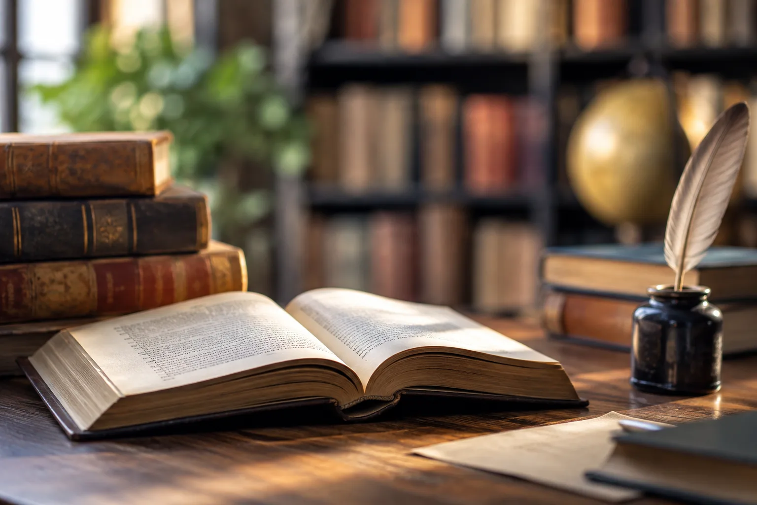 Aufgeschlagenes historisches Buch und alte Bücher auf einem Holztisch vor unscharfen Bücherregalen.