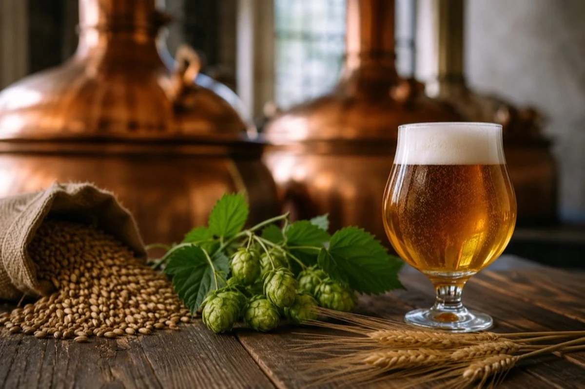 Zwei Biergläser auf einem Holztisch vor einem historischen Klosterinnenhof mit Steinbögen.