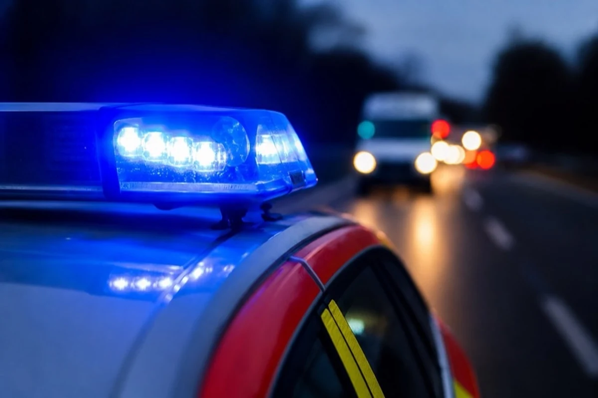 Rettungsfahrzeug auf einer Landstraße an einem bewaldeten Straßenabschnitt bei Bad Harzburg