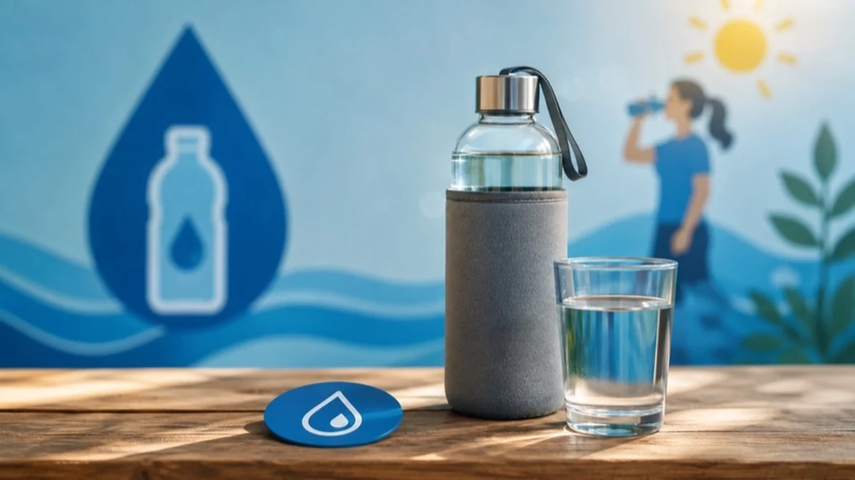 Wiederverwendbare Trinkflasche und Wasserglas als Symbol für Refill-Stationen und kostenloses Trinkwasser in Wernigerode.