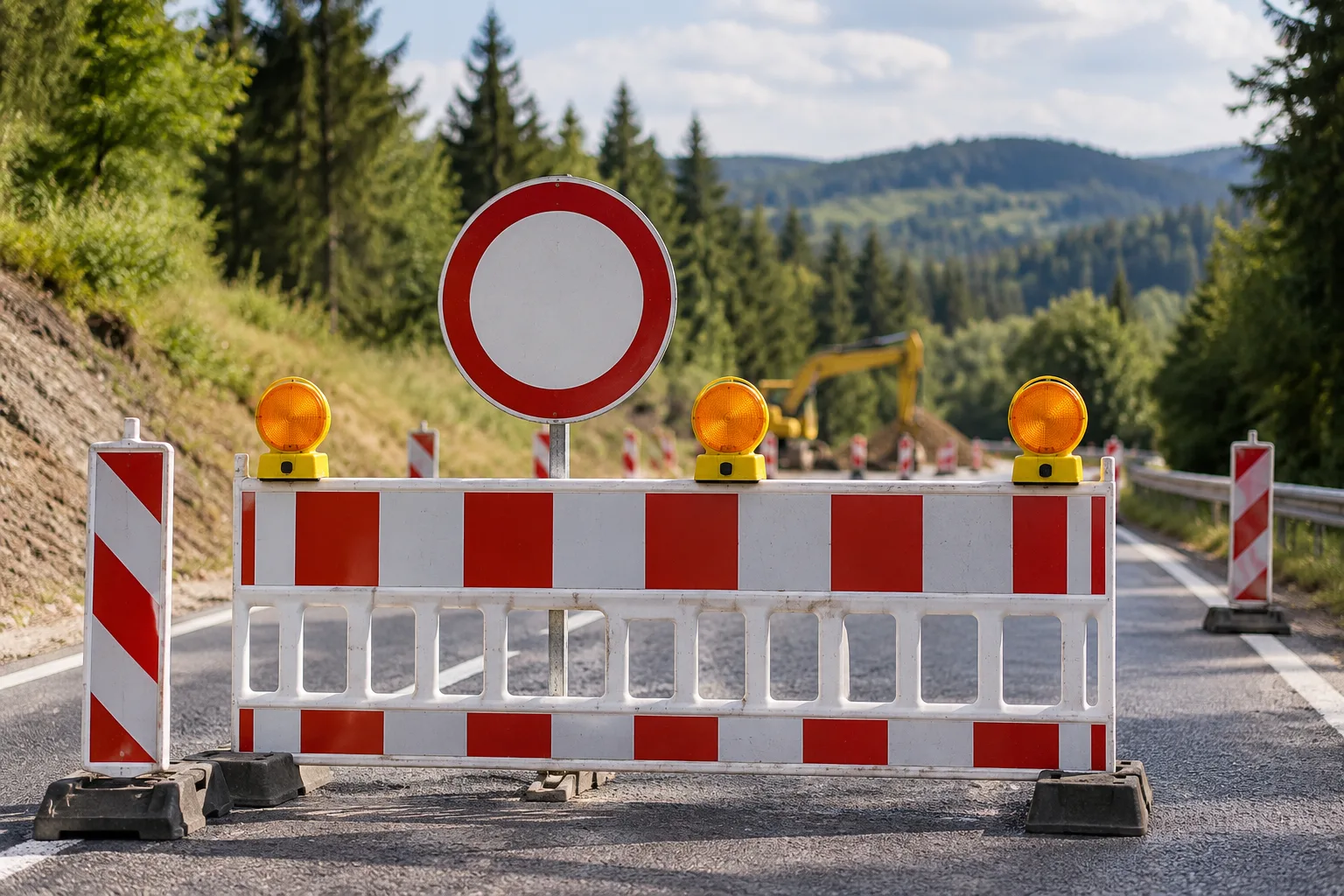 Landstraße im Oberharz mit rot-weißer Baustellenabsperrung vor einer bewaldeten Mittelgebirgslandschaft