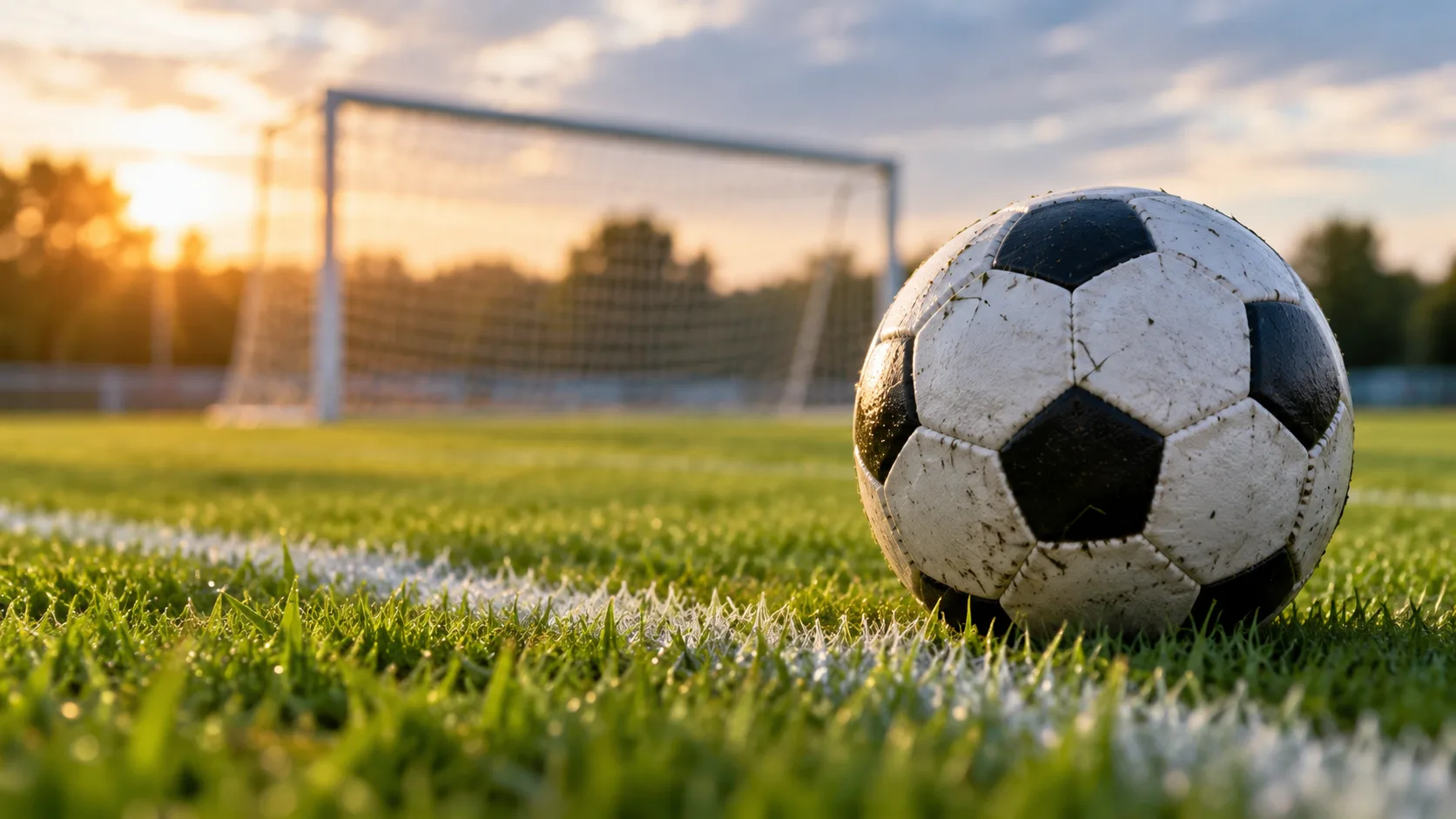 Fußball auf grünem Rasen mit Tor und Spielfeldmarkierungen im Hintergrund.