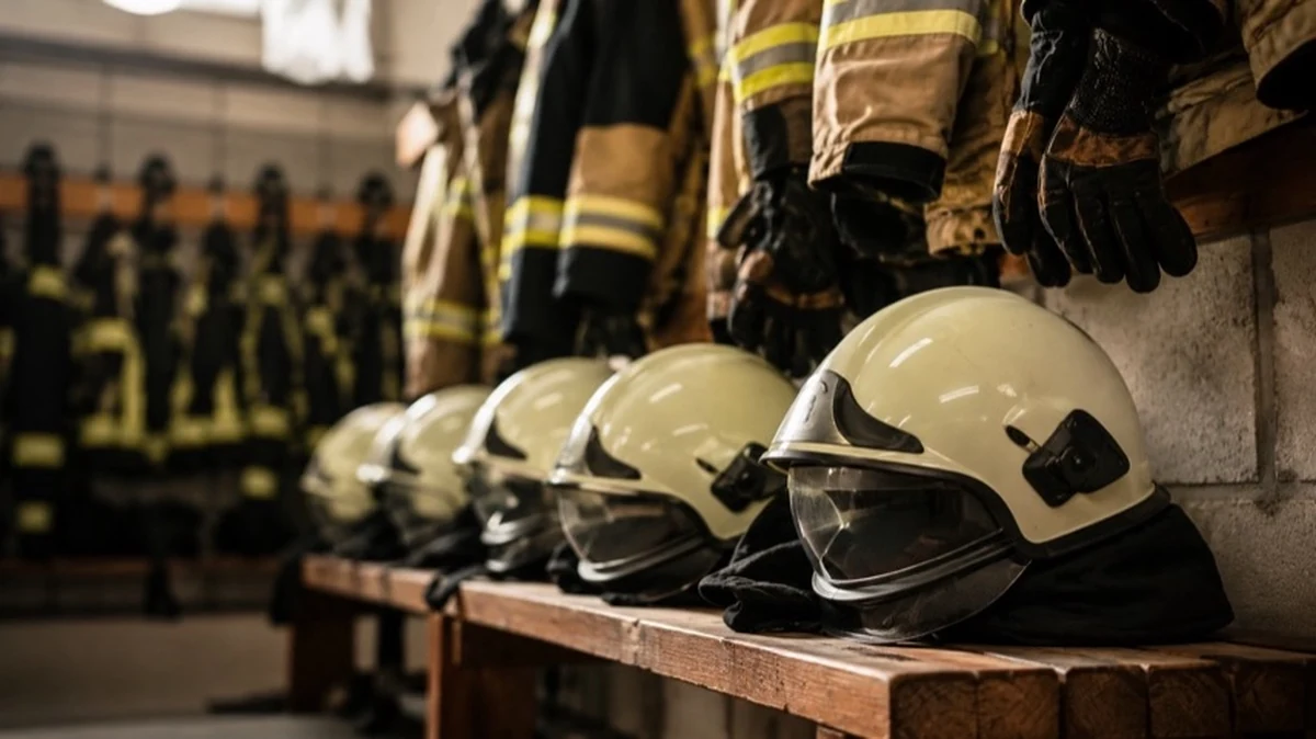 Feuerwehrhelme und Einsatzjacken in einem Gerätehaus als Symbol für die Freiwillige Feuerwehr und Ehrenamt