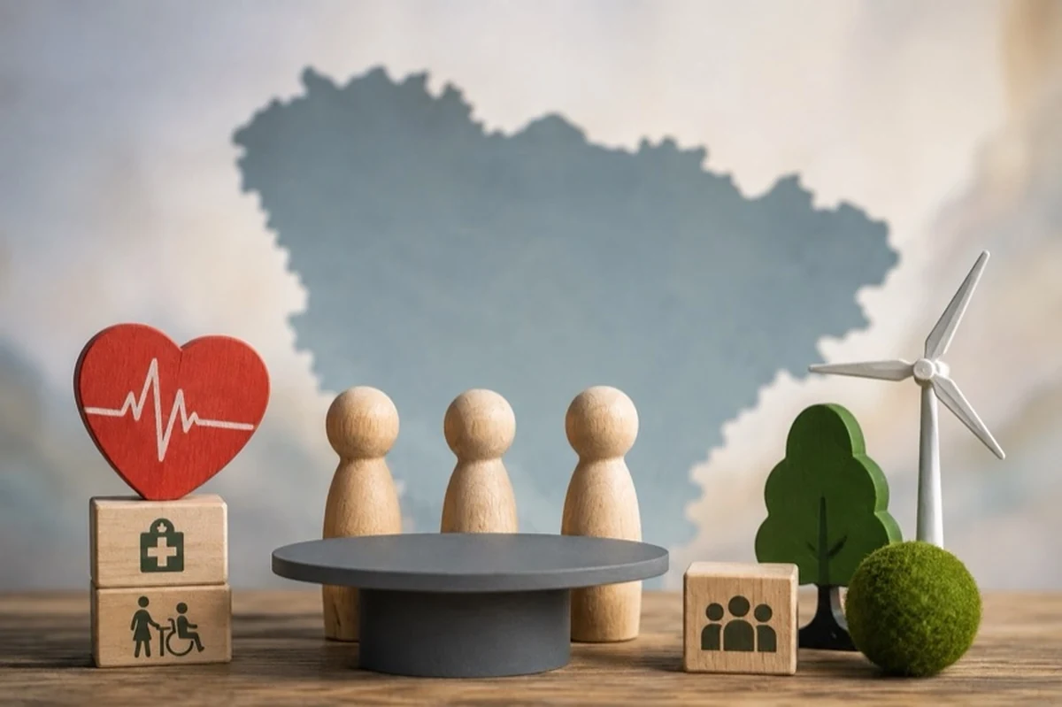 Wahlunterlagen mit Stethoskop, Blatt und Figuren als Motive für Pflege, Klima und Inklusion bei der Landtagswahl im Harz
