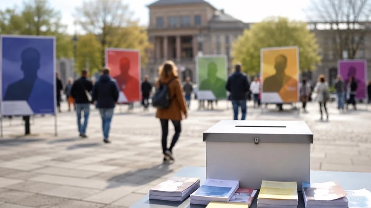 Wahlplakate verschiedener Parteien auf einem Stadtplatz mit Wahlurne und Passanten während des Wahlkampfs im Harz
